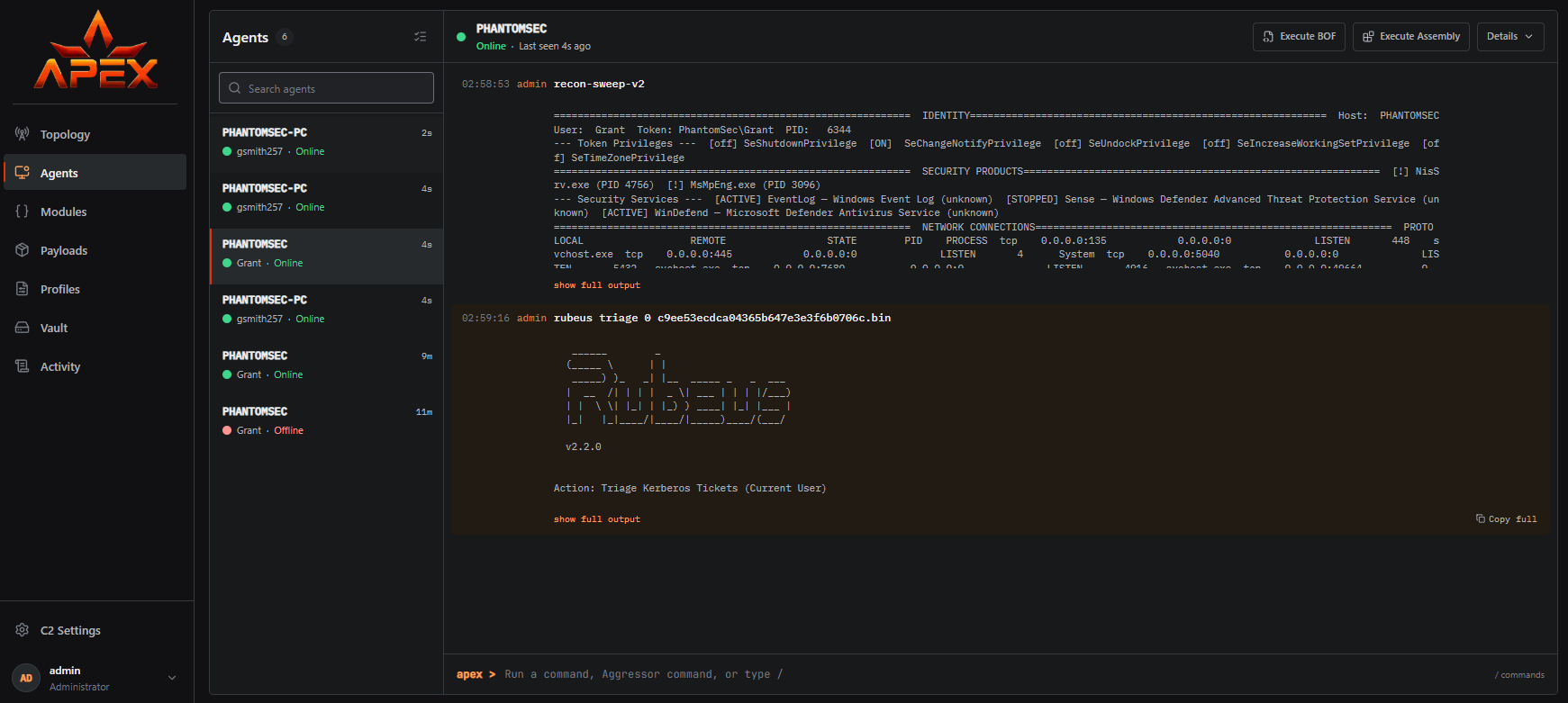 ApeX agents view with an operator running recon-sweep and a Rubeus triage task against a selected agent, with the agents list on the left and the task console on the right