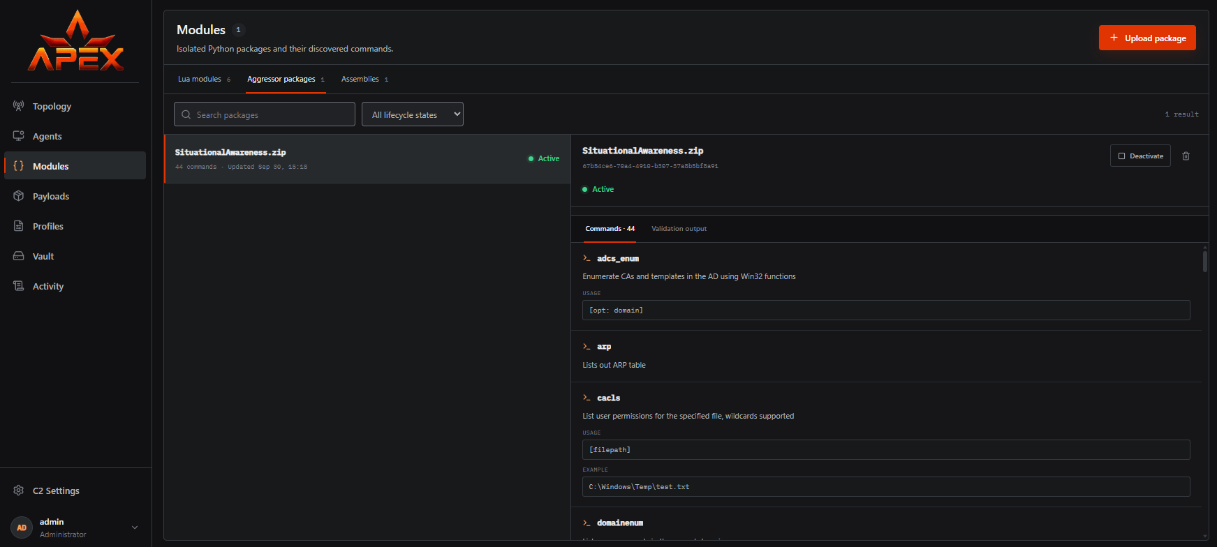 ApeX Modules page showing the Aggressor packages tab with a SituationalAwareness.zip package registering 44 commands including adcs_enum, arp, cacls, and domainenum
