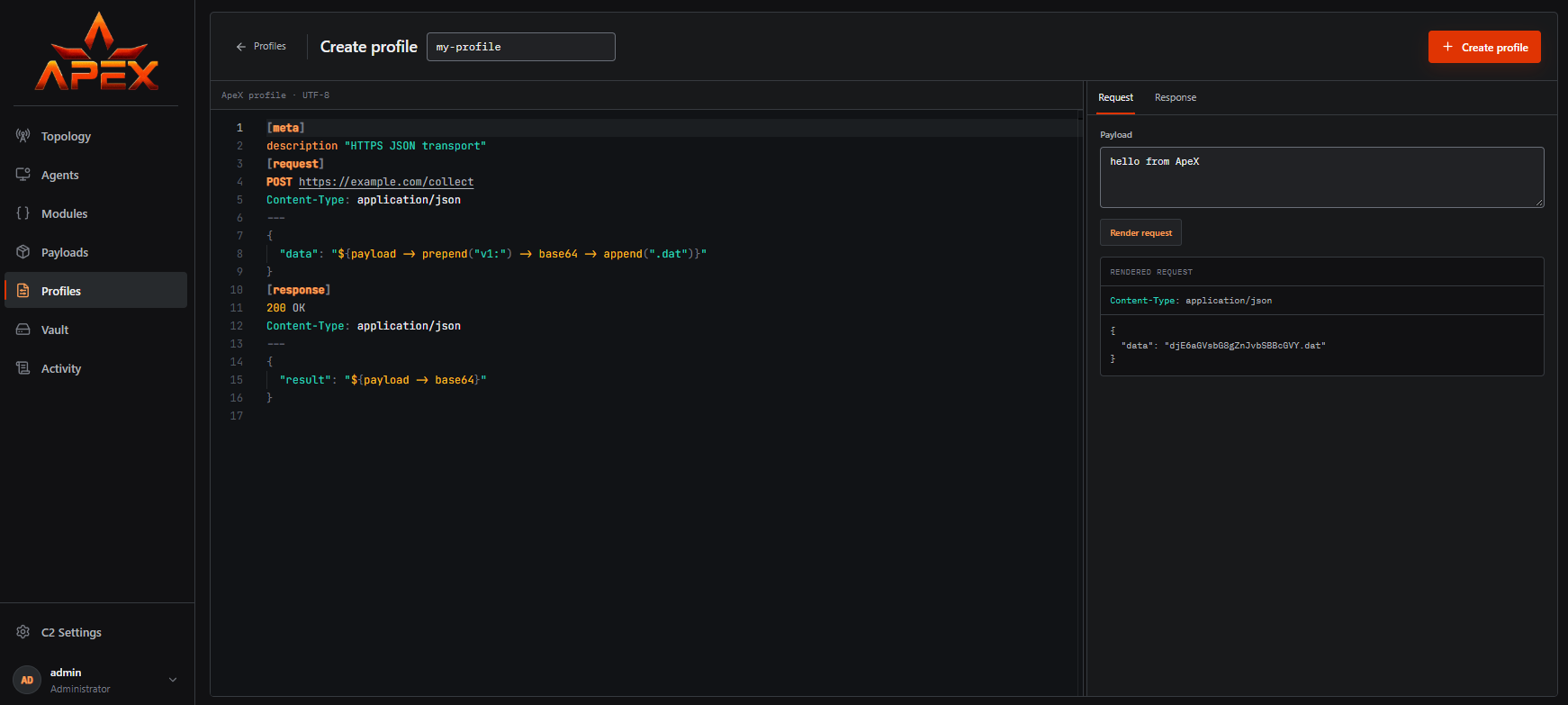 ApeX profile editor showing an HTTPS JSON transport profile with a chained payload transform (prepend v1, base64, append .dat) and a rendered request preview on the right