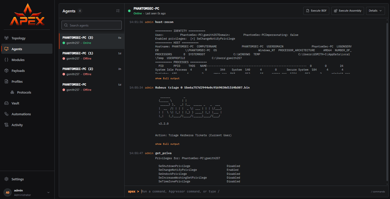 Agents tab with task tree and command output visible