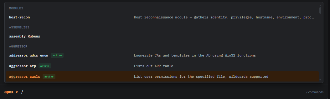 Lua modules, .NET assemblies, and aggressor BOFs all present on the same agent