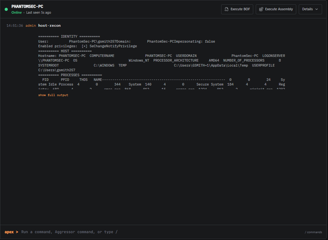 Lua module execution on an agent, with the structured result rendered in the output pane