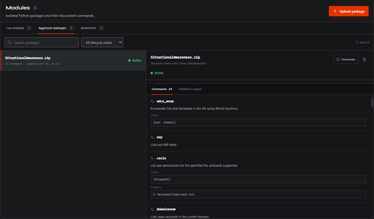Modules tab showing an uploaded aggressor package with the included BOFs visible
